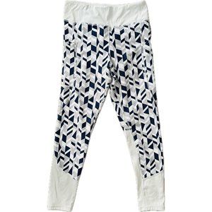 Zuala Athletic Vitality Exercise Leggings White Blue Geometric Pockets Size M